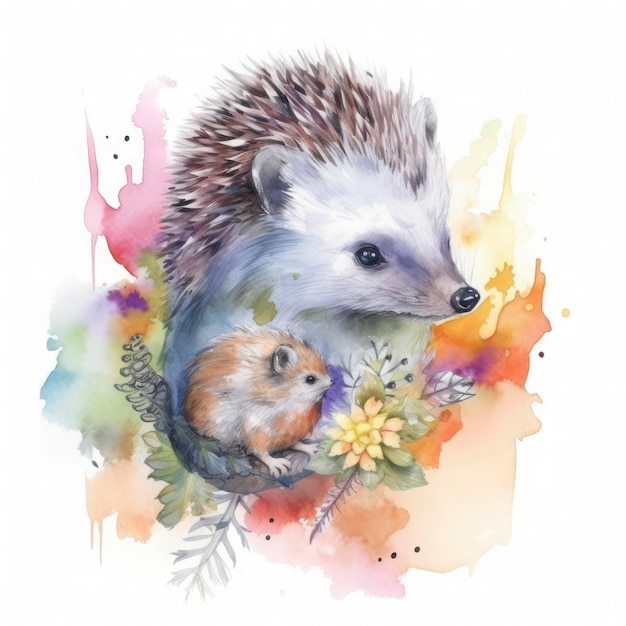 Free wolf hedgehog with hedgehog child water color pastel white background generat ai