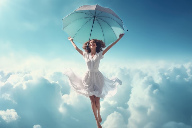 Freedom and fun concept with woman flying with an umbrella