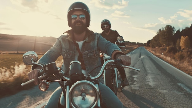 Freedom on the open road with two bikers cruising at sunset