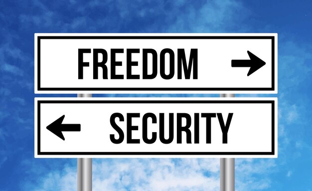 Freedom or security road sign on blue sky background