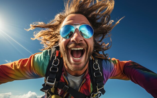 ジャンプ後の幸せなスカイダイバーの空の自由の肖像画