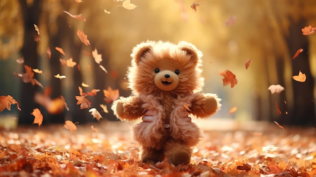 freedom teddy bear kicks autumn leaves in the park, October unusual change children's calendar