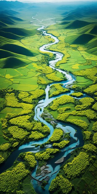 Photo freeflowing river in vibrant grassland a captivating topographical masterpiece