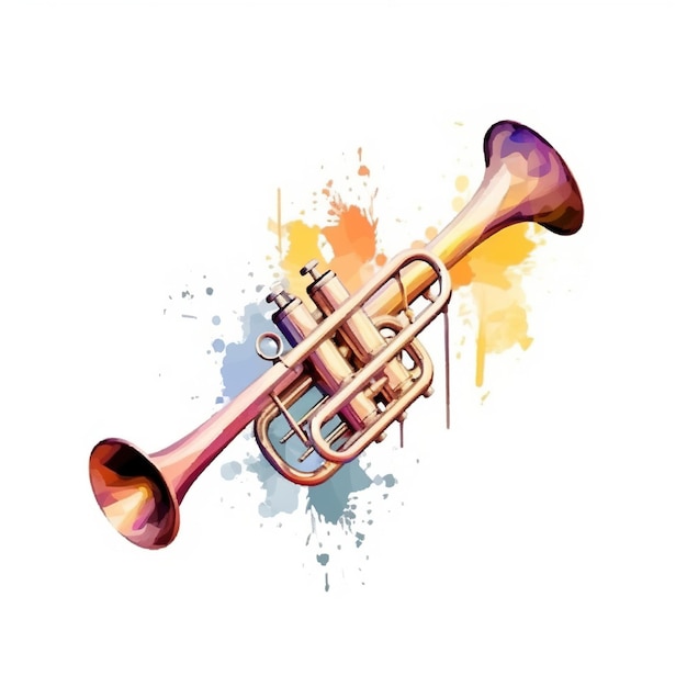 A freehand vector and watercolor drawing of a trumpet on white background