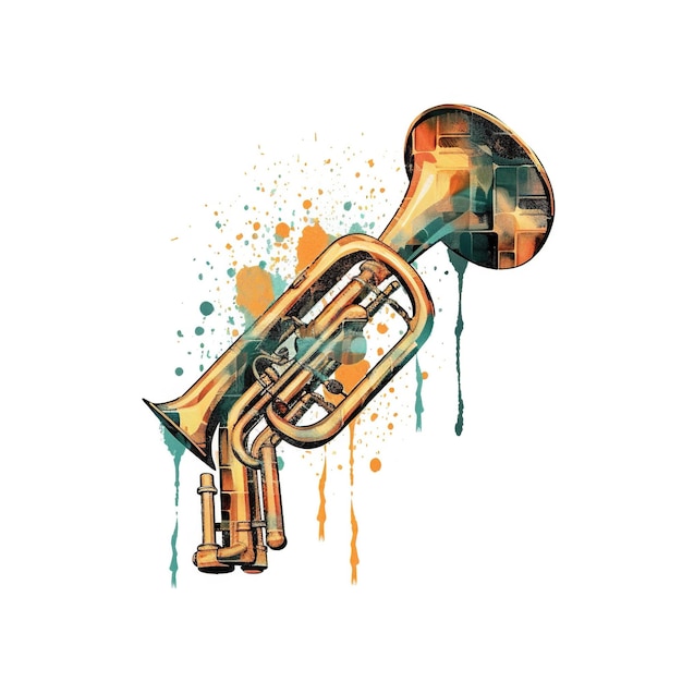 A freehand vector and watercolor drawing of a trumpet on white background