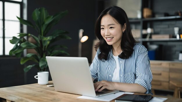 프리랜서 아시아 여성이 집의 거실에서 노트북을 사용하여 열심히 일합니다.