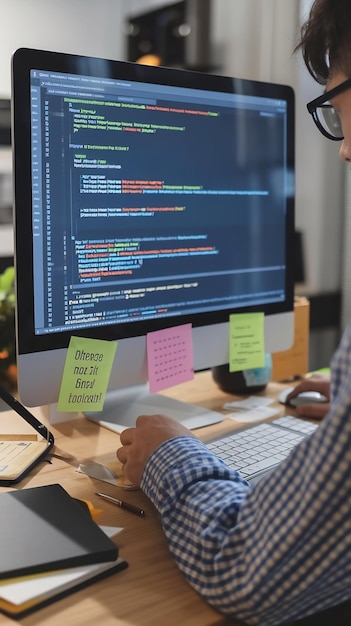 Freelance coder die JavaScript-code op de computer typt om online cloudcomputing-informatie te ontwikkelen