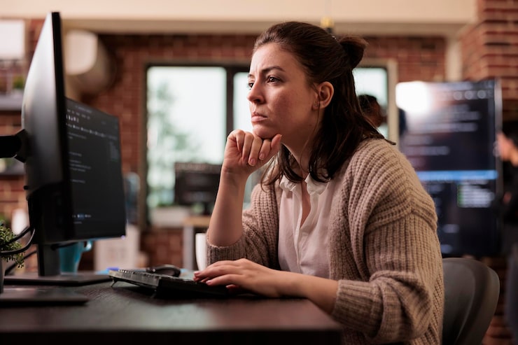 Photo freelance coder working with html script on terminal window, looking at computer screen and typing. caucasian tech enginners writing innovating ai algorithm it developing it agency