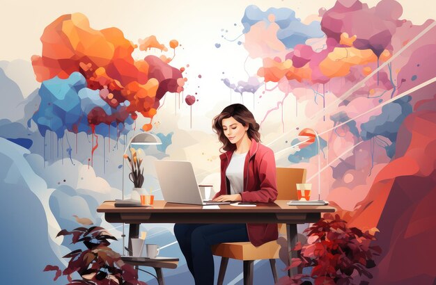 Freelance Concept Jonge vrouw met laptop die thuis werkt Kunst Compositie extreme close-up Generatieve AI