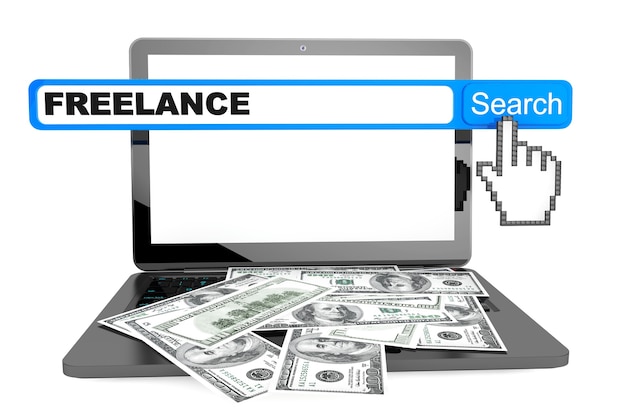 Freelance concept. Modern laptop with money and freelance search on a white background