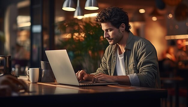 Photo freelance guy or student with computer in coworking office or modern cafe at table