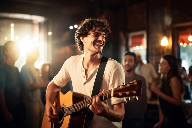 Freelance jonge mannelijke muzikant zingt en speelt gitaar bij gastropub