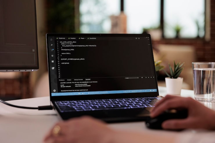 Photo freelance software app developer using terminal windows at home, programming security firewall, running css html script. programmer developing new user interface online cloud server. close up.