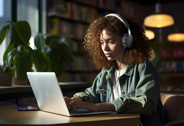 Foto computer portatile degli auricolari della donna freelance