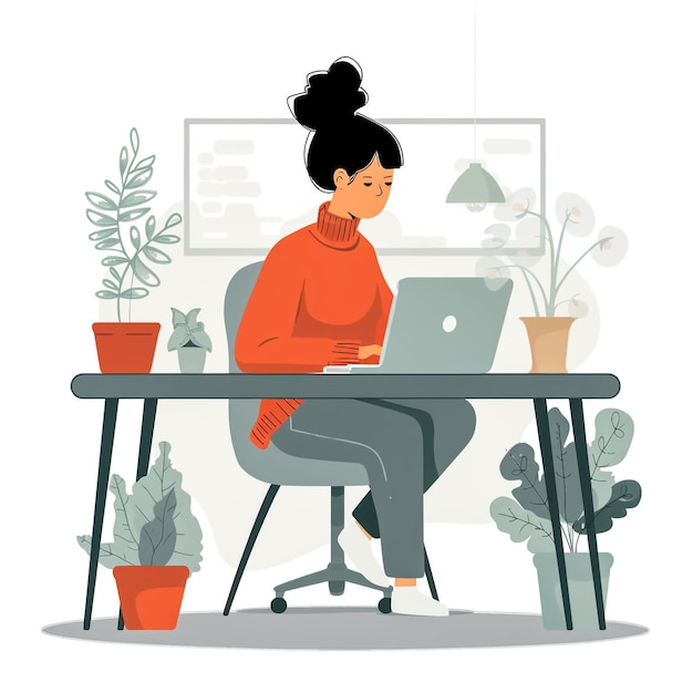 Freelance work in comfortable conditions Woman working from home Flat vector illustration