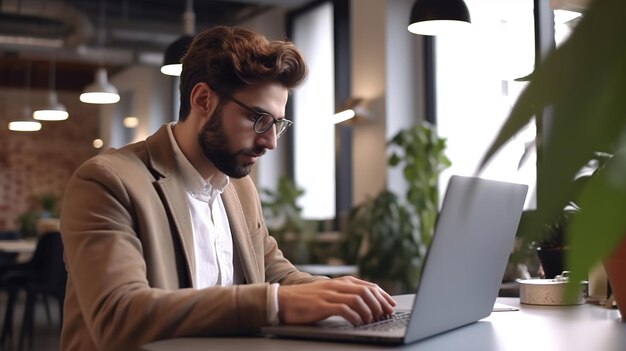 Foto lavoratore freelance che utilizza un laptop e digita un'e-mail mentre lavora a casa