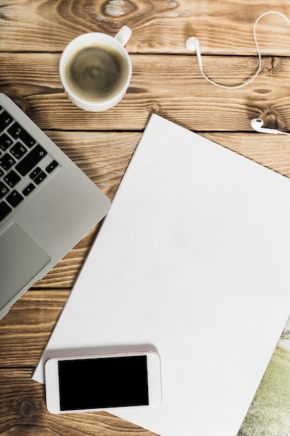 Freelance working environment view of wooden Desk