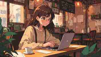 Photo freelancer anime concentrado en cafe trabajando comodamente con cafe