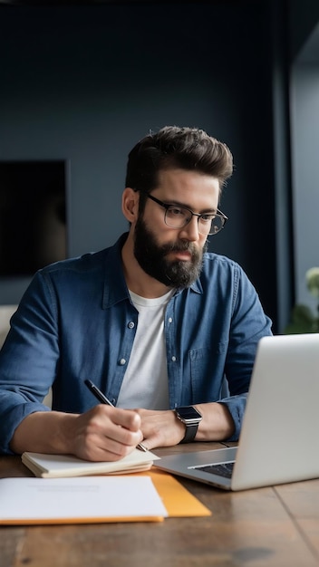 Freelancer bearded man taking notes at laptop