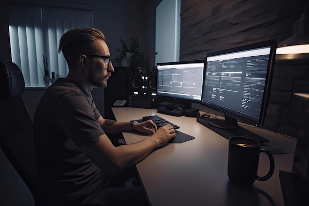 Freelancer editing video files in sleek office environment