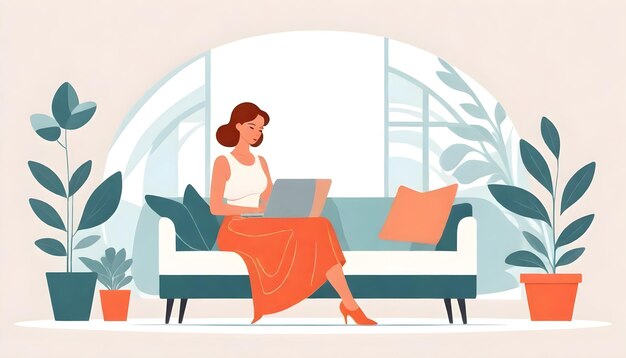 Freelancer home workplace Woman sitting on the chair working on the laptop