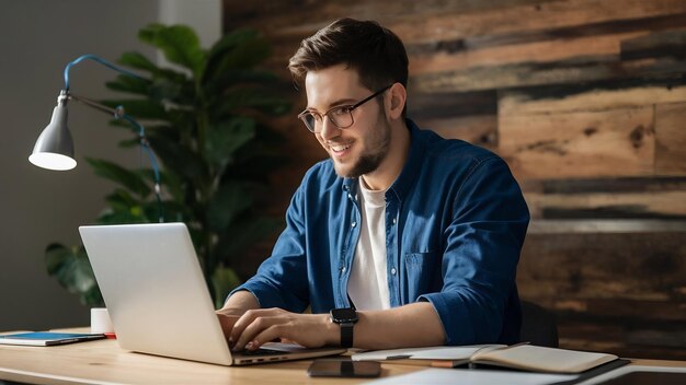Freelancer man typing at laptop sitting at desk