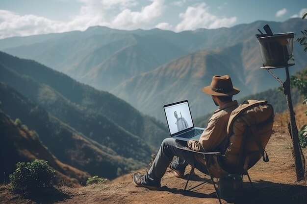 Freelancer Man Working Online While Hiking in the Mountains Generative Ai