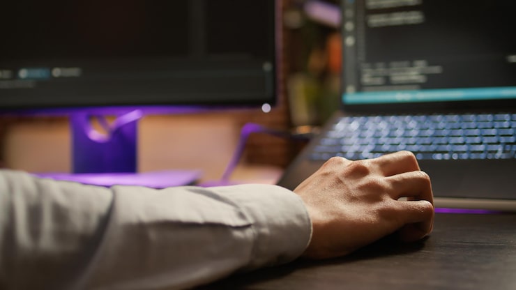 Photo freelancer programming binary code on software server, coding encryption system with firewall application. hacking security program on network script for development. close up. .