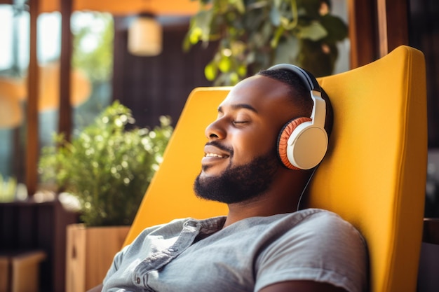 Freelancer relaxing and listening to music through wireless in ear headphones