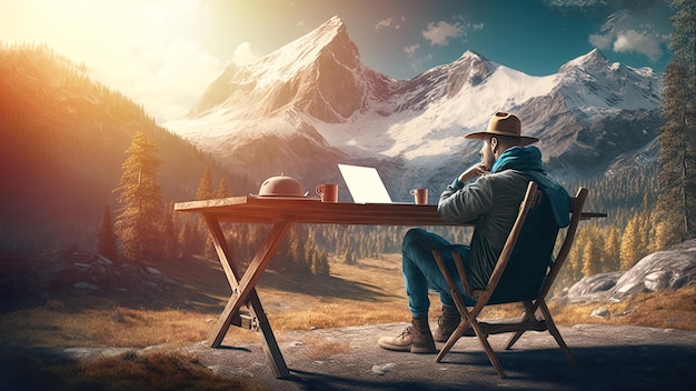 프리랜서는 탁자에 앉아 산이 있는 아름다운 야외 자연 풍경을 노트북으로 작업합니다.