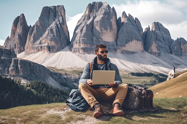 Freelancer-wandelaar die op laptop werkt tijdens reizen in bergen gemaakt met Generative AI-technologie
