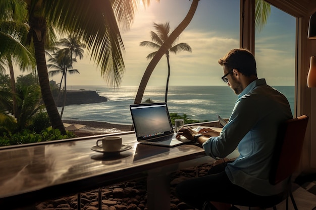 freelancer werkt achter de laptop op de achtergrond van de zee