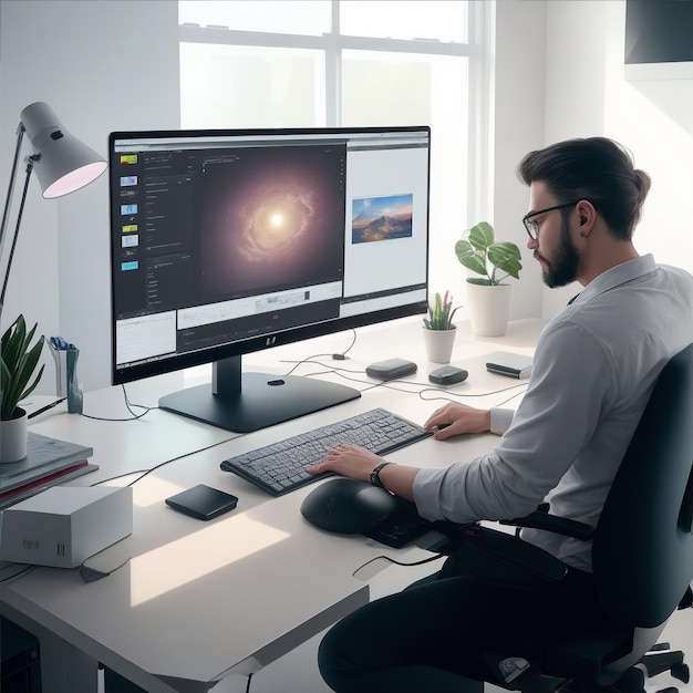 freelancer werkt zijn computer in de kamer in een stoel en een tafel