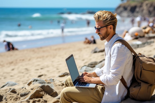 Freelancer with laptop on beach