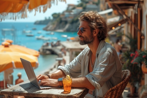 Freelancer working at a cafe on a sunny day