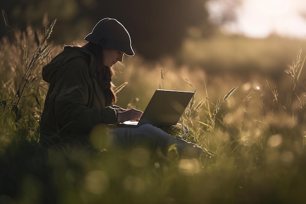 Freelancer working on a laptop in a vineyard during the golden hour with warm lighting generative ai