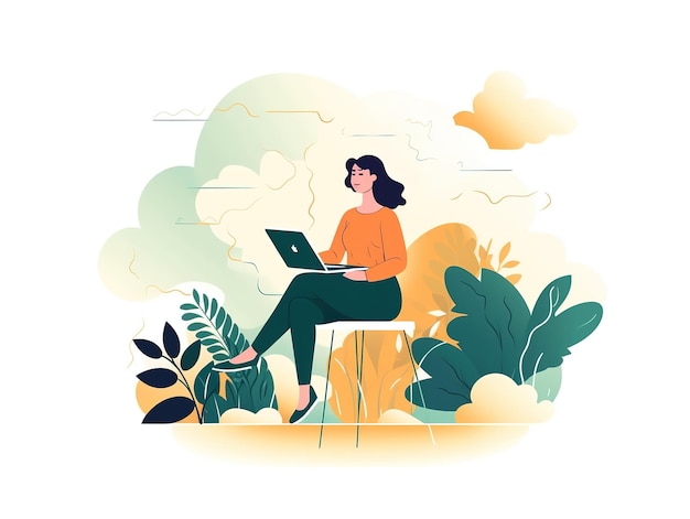 Freelancer working on laptop and web design illustration