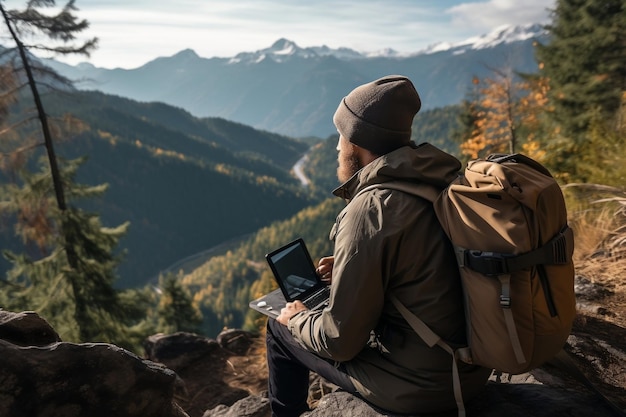 Freelancer working online while hiking in the wilderness Generative Ai