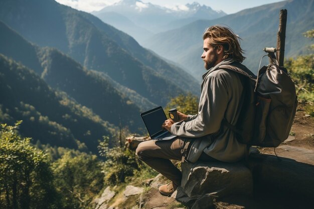 Freelancer working online while hiking in the wilderness Generative Ai