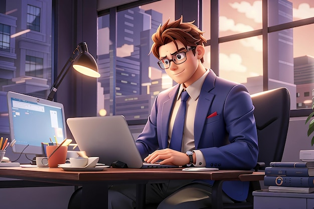 Freelancer zakenman zit in zijn kantoor en gebruikt een laptop