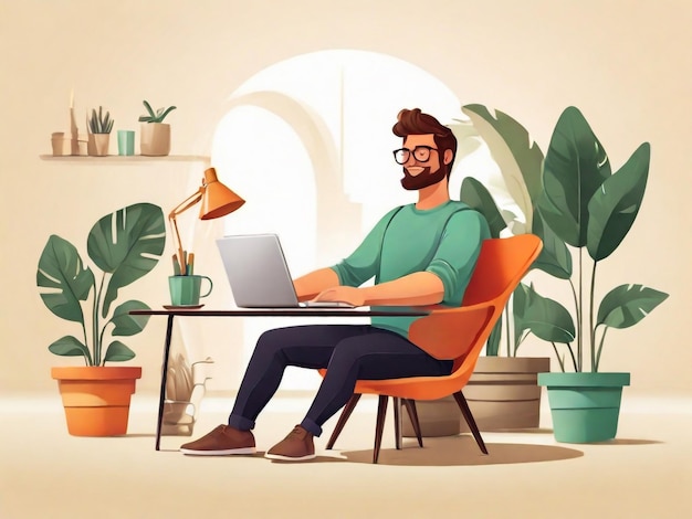 Freelancer zit in een stoel en verdient geld Freelance Effectief en productief werk Thuis kantoor werkplaats Mensen die op afstand werken vanaf zijn laptop Vector illustratie