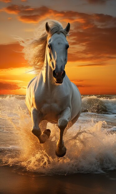 Freeraging wild white horse at sunset on the beach Generative AI