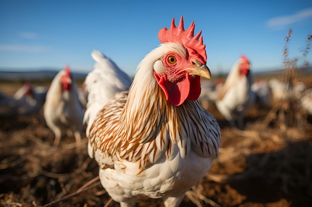 Freerange white farm chickens are walking in nature 1