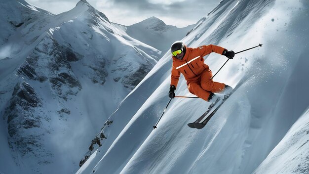 Freeride-skiër rijdt de helling in de bergen af