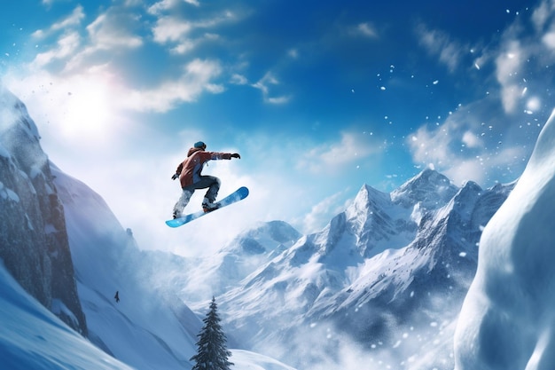 Freerider skier during a deep snow jump Generative AI