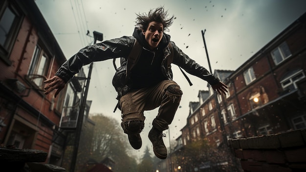 Photo freerunnig man jumps through between two building