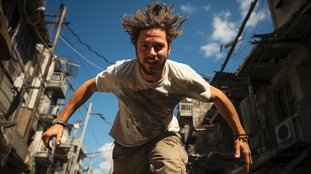 Photo freerunnig man jumps through between two building