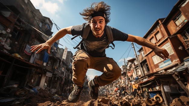 Foto uomo freerunnig salta tra due edifici