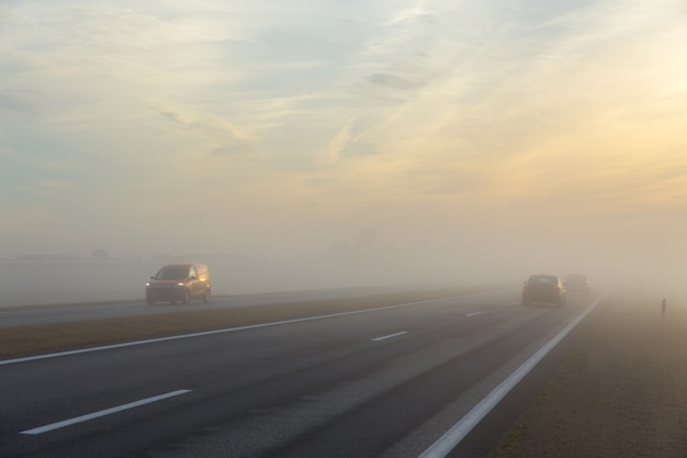 高速道路と霧の中で車