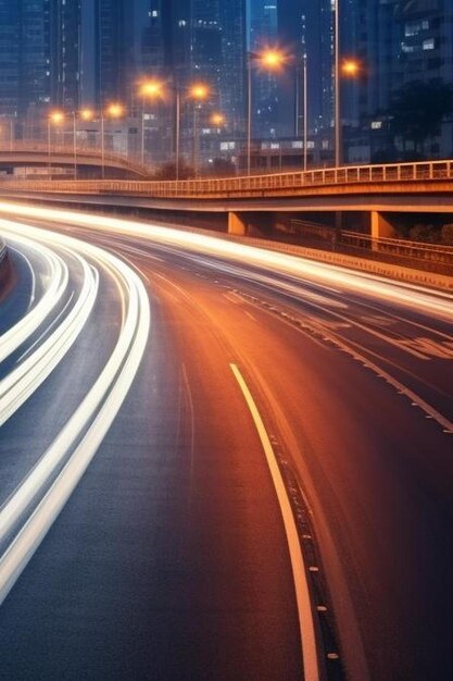 freeway in night with cars light in modern city